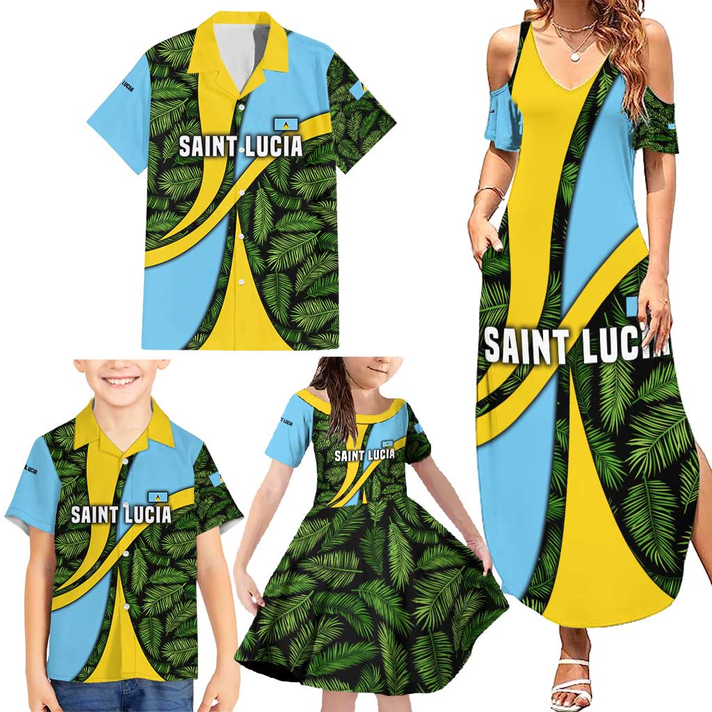 Saint Lucia Parrot Family Matching Summer Maxi Dress and Hawaiian Shirt with Tropical Palm Leaf and Flag Color Wave Design - Wonder Print Shop