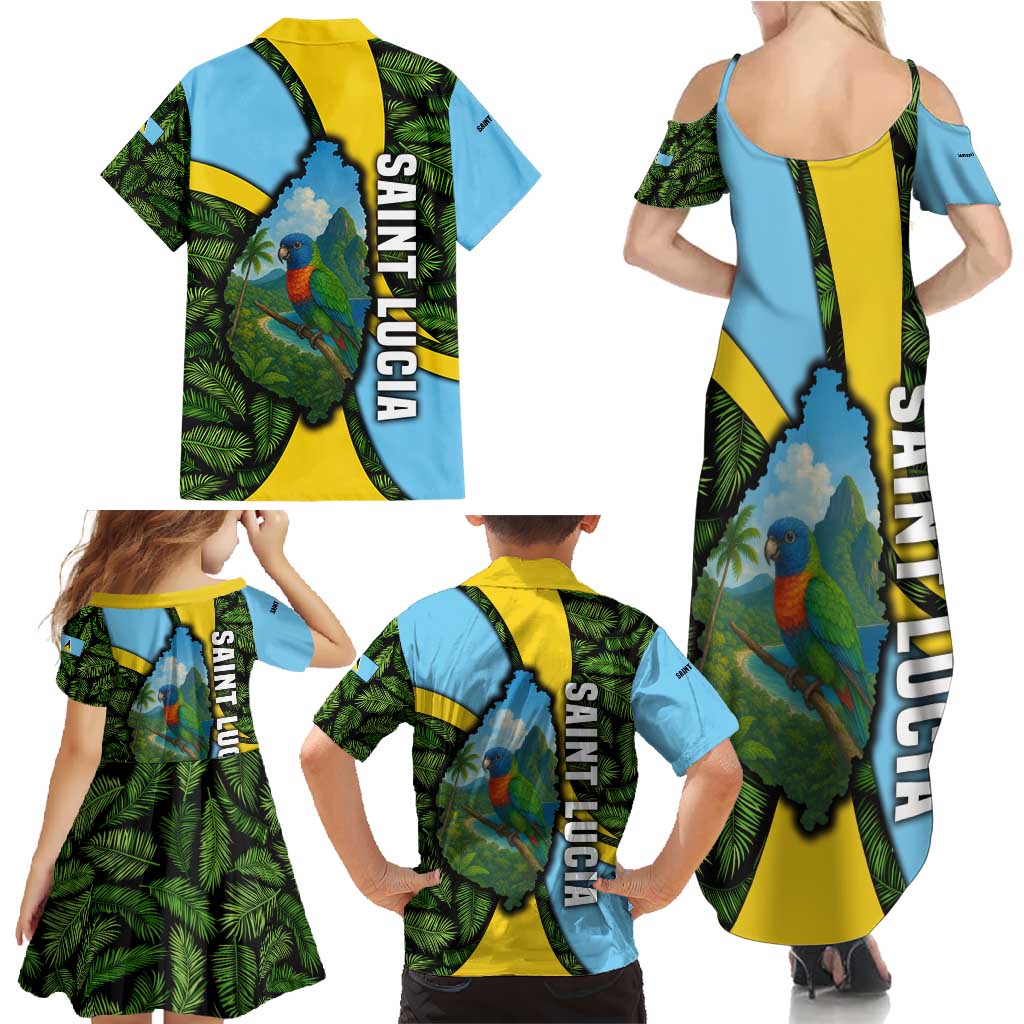 Saint Lucia Parrot Family Matching Summer Maxi Dress and Hawaiian Shirt with Tropical Palm Leaf and Flag Color Wave Design - Wonder Print Shop