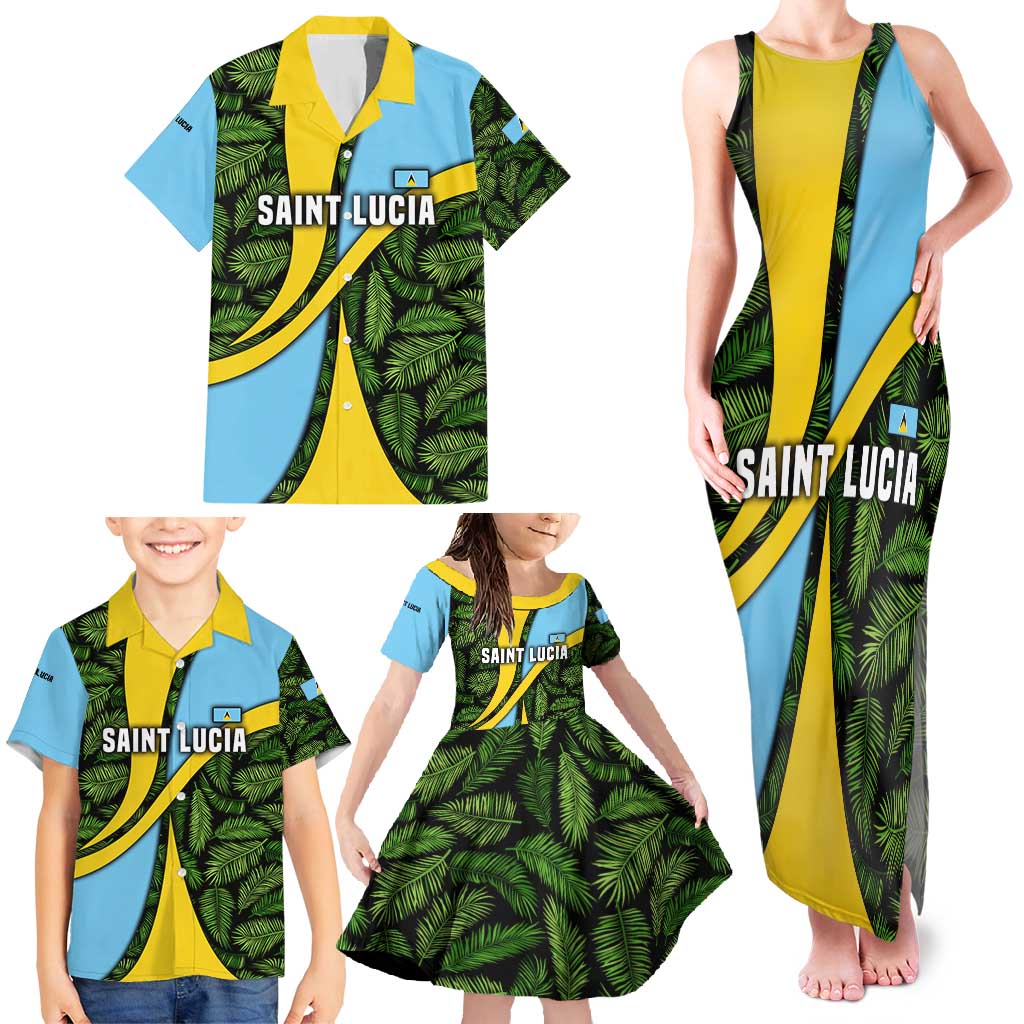 Saint Lucia Parrot Family Matching Tank Maxi Dress and Hawaiian Shirt with Tropical Palm Leaf and Flag Color Wave Design - Wonder Print Shop