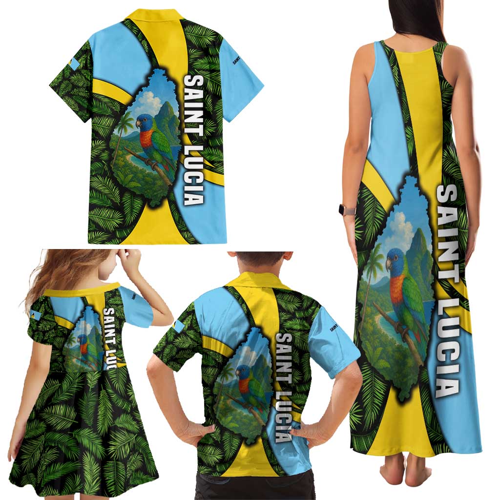 Saint Lucia Parrot Family Matching Tank Maxi Dress and Hawaiian Shirt with Tropical Palm Leaf and Flag Color Wave Design - Wonder Print Shop