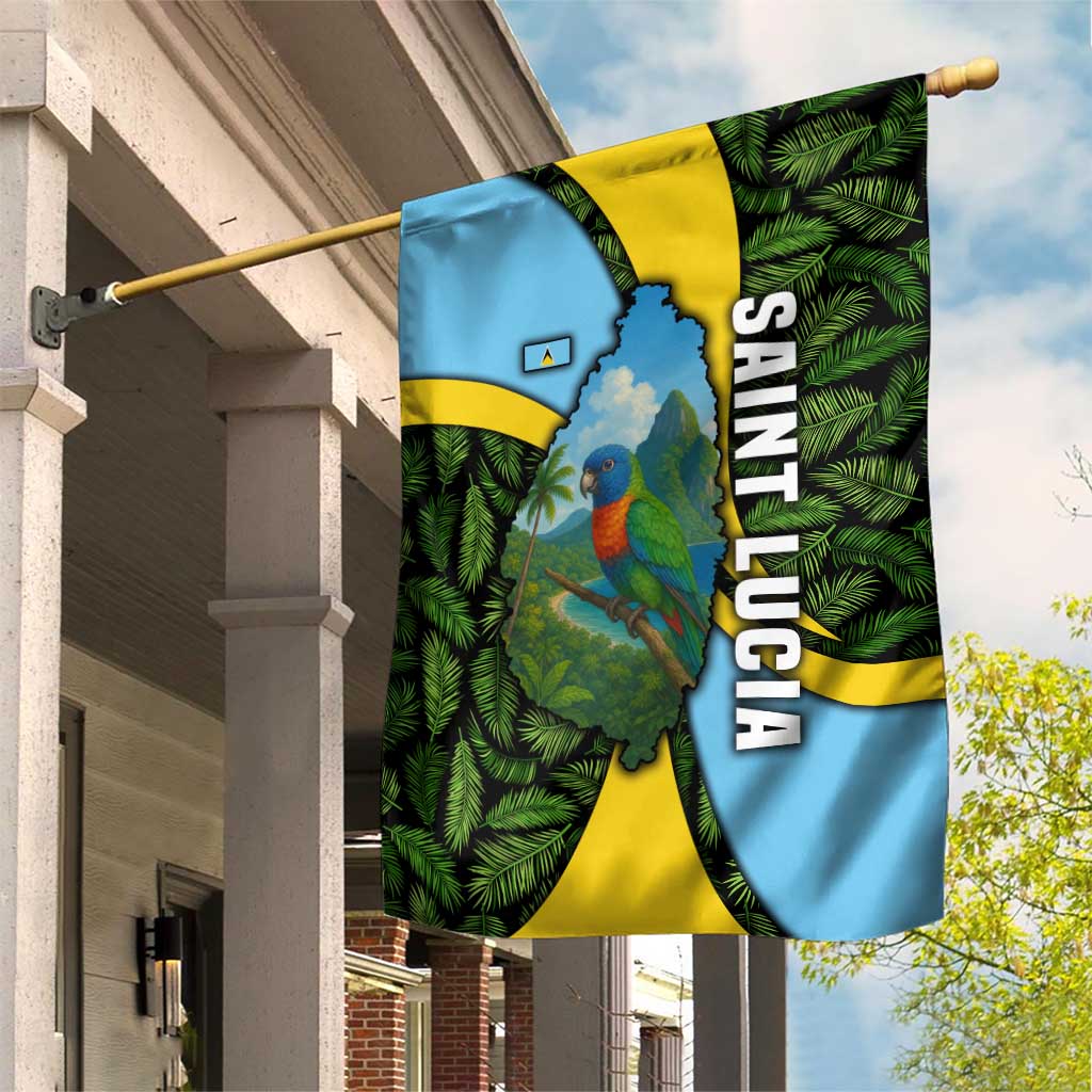 Saint Lucia Parrot Garden Flag with Tropical Palm Leaf and Flag Color Wave Design - Wonder Print Shop