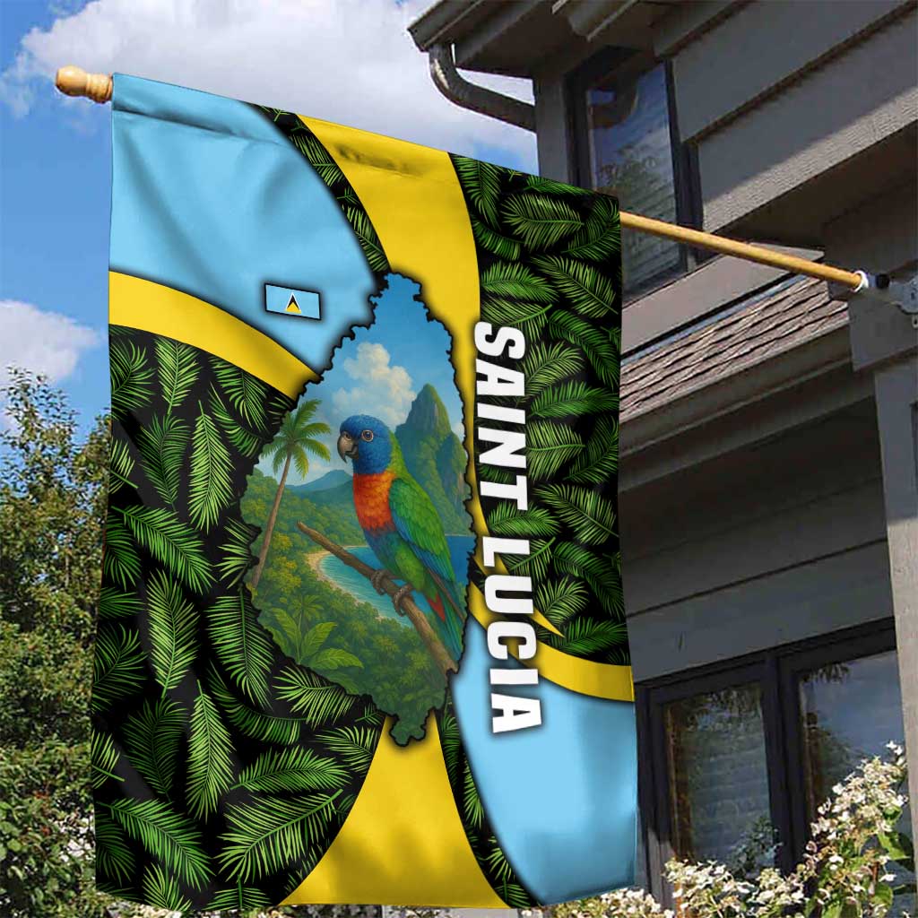 Saint Lucia Parrot Garden Flag with Tropical Palm Leaf and Flag Color Wave Design - Wonder Print Shop