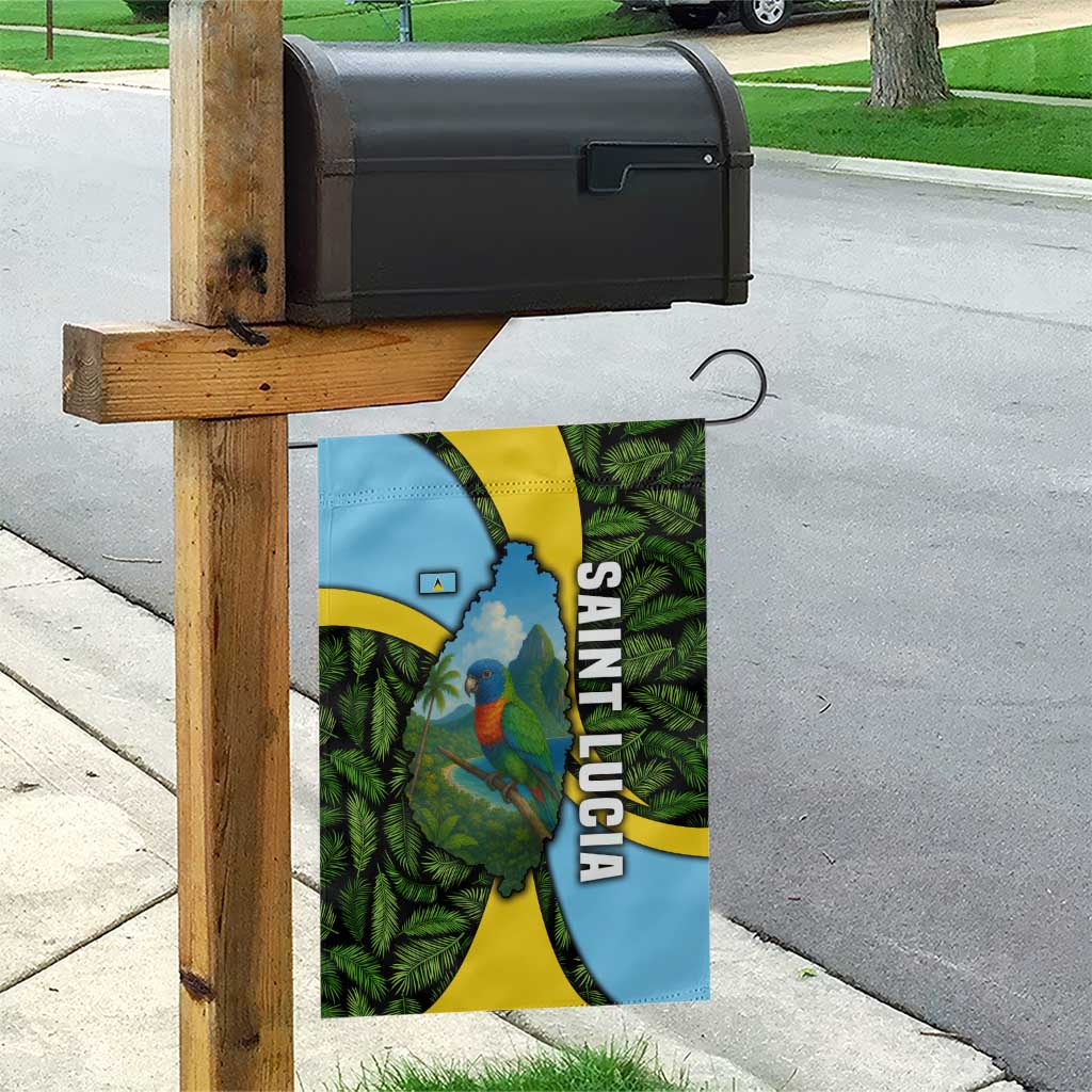 Saint Lucia Parrot Garden Flag with Tropical Palm Leaf and Flag Color Wave Design - Wonder Print Shop