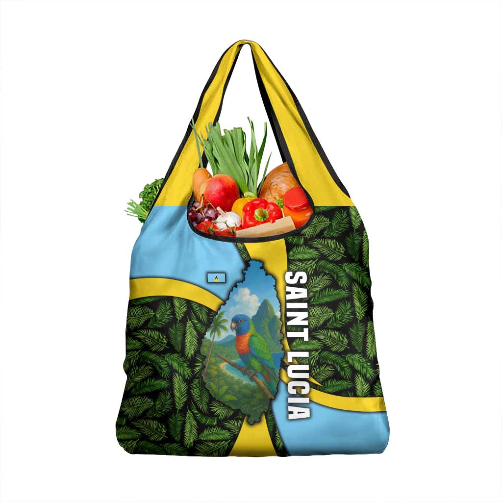 Saint Lucia Parrot Grocery Bag with Tropical Palm Leaf and Flag Color Wave Design - Wonder Print Shop