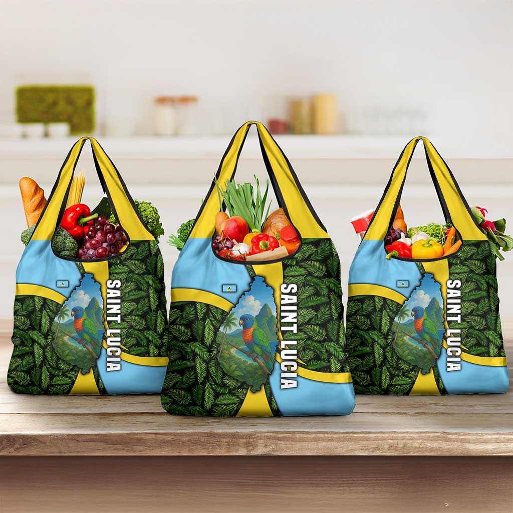Saint Lucia Parrot Grocery Bag with Tropical Palm Leaf and Flag Color Wave Design - Wonder Print Shop