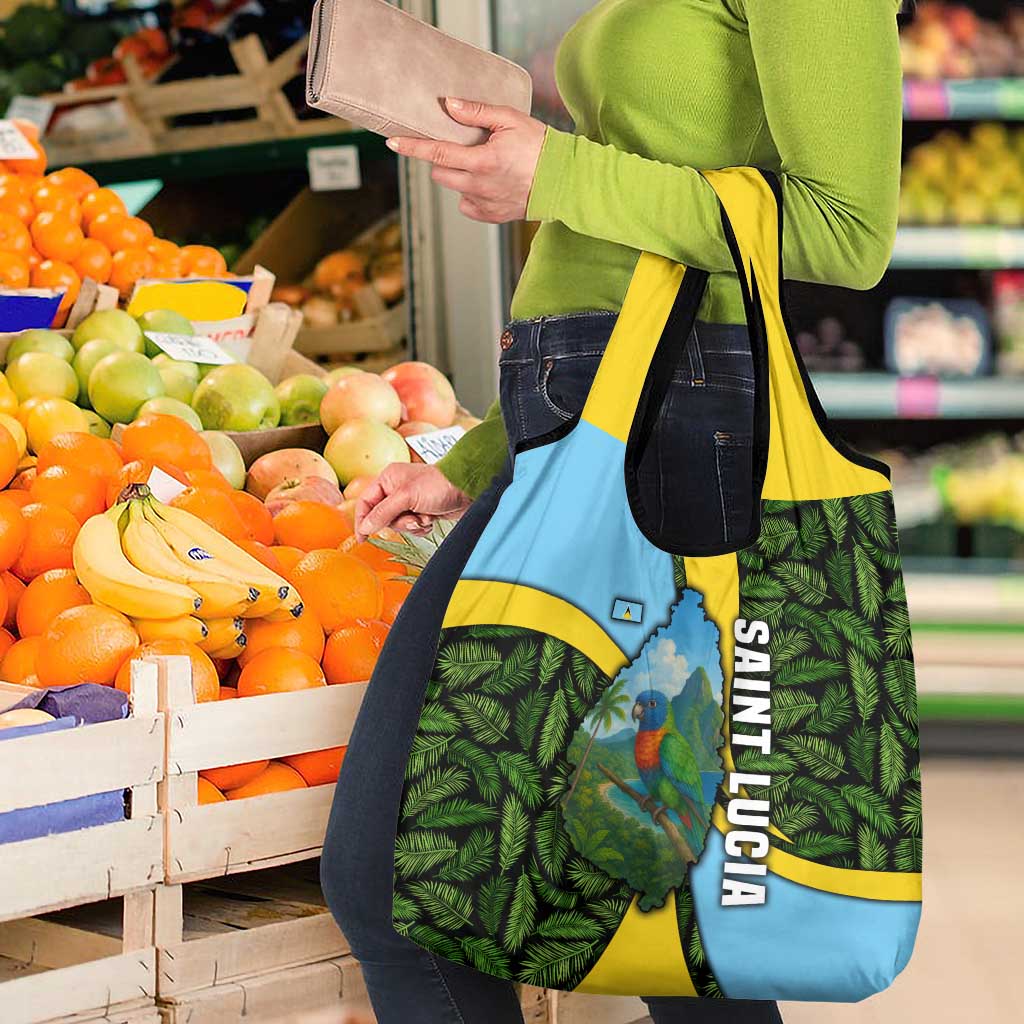Saint Lucia Parrot Grocery Bag with Tropical Palm Leaf and Flag Color Wave Design - Wonder Print Shop
