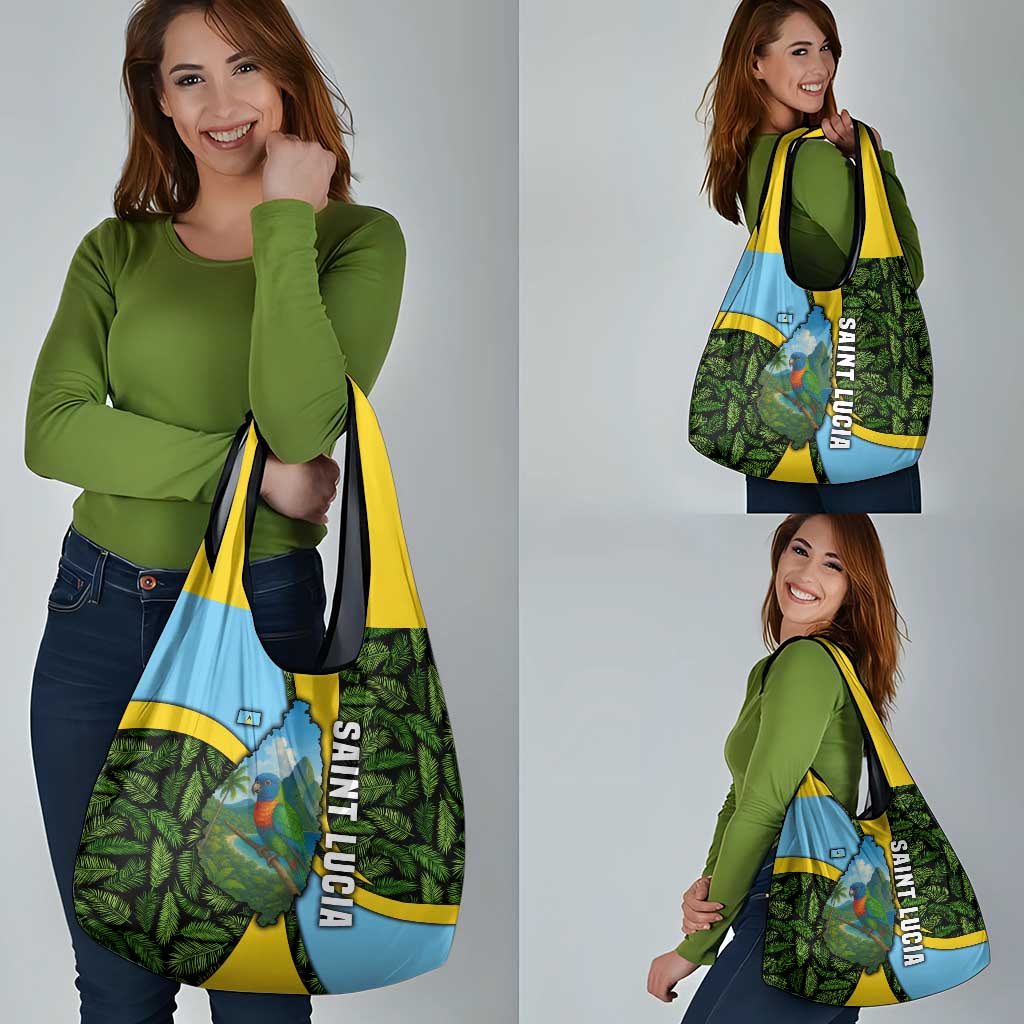 Saint Lucia Parrot Grocery Bag with Tropical Palm Leaf and Flag Color Wave Design - Wonder Print Shop