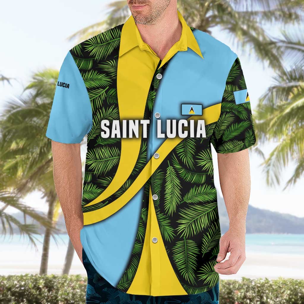 Saint Lucia Parrot Hawaiian Shirt with Tropical Palm Leaf and Flag Color Wave Design - Wonder Print Shop