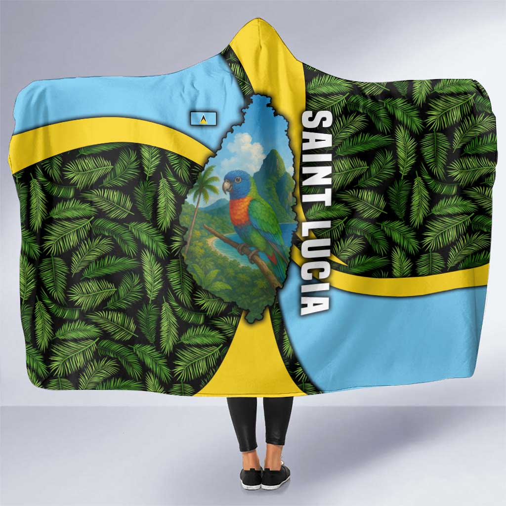 Saint Lucia Parrot Hooded Blanket with Tropical Palm Leaf and Flag Color Wave Design - Wonder Print Shop