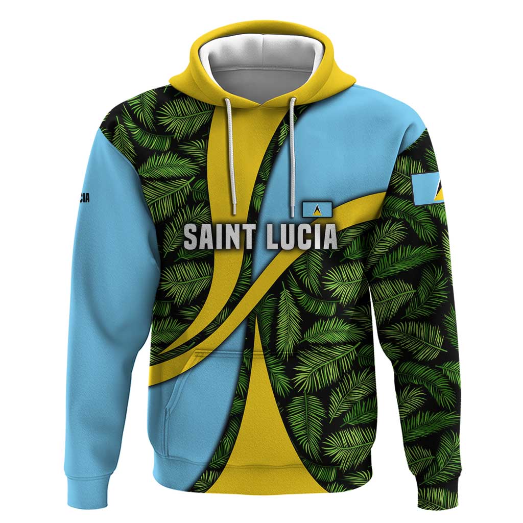 Saint Lucia Parrot Hoodie with Tropical Palm Leaf and Flag Color Wave Design - Wonder Print Shop