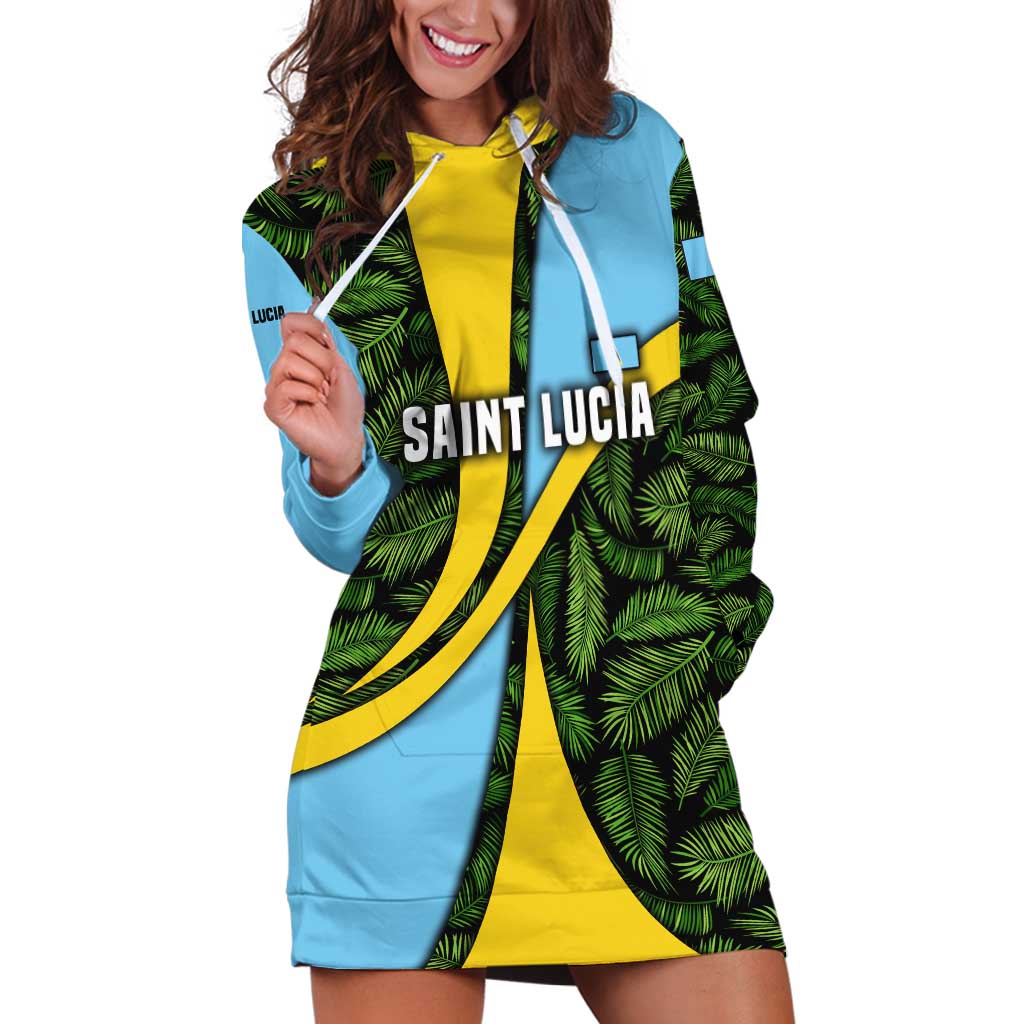 Saint Lucia Parrot Hoodie Dress with Tropical Palm Leaf and Flag Color Wave Design - Wonder Print Shop