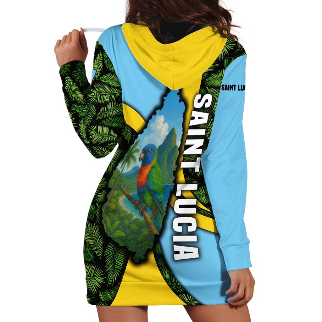 Saint Lucia Parrot Hoodie Dress with Tropical Palm Leaf and Flag Color Wave Design - Wonder Print Shop