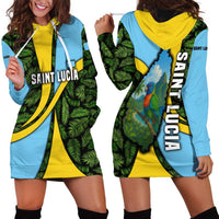 Saint Lucia Parrot Hoodie Dress with Tropical Palm Leaf and Flag Color Wave Design - Wonder Print Shop