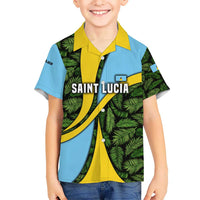 Saint Lucia Parrot Kid Hawaiian Shirt with Tropical Palm Leaf and Flag Color Wave Design - Wonder Print Shop