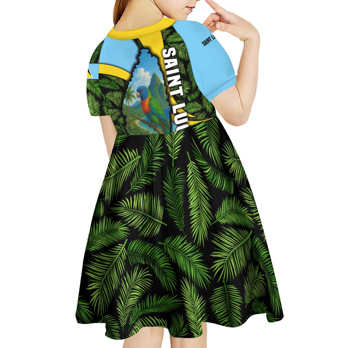 Saint Lucia Parrot Kid Short Sleeve Dress with Tropical Palm Leaf and Flag Color Wave Design - Wonder Print Shop