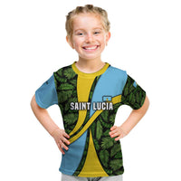 Saint Lucia Parrot Kid T Shirt with Tropical Palm Leaf and Flag Color Wave Design - Wonder Print Shop