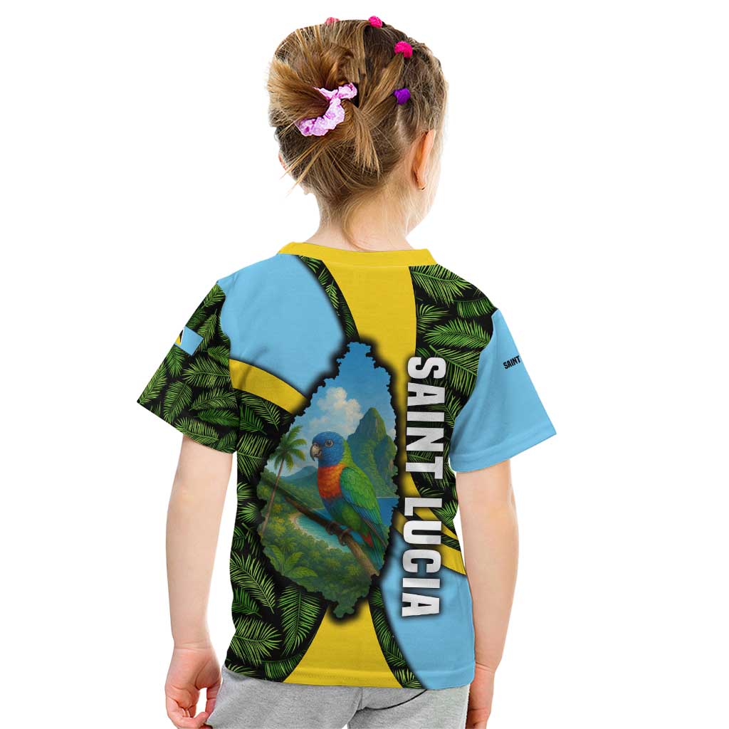 Saint Lucia Parrot Kid T Shirt with Tropical Palm Leaf and Flag Color Wave Design - Wonder Print Shop
