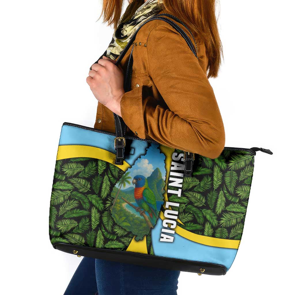 Saint Lucia Parrot Leather Tote Bag with Tropical Palm Leaf and Flag Color Wave Design - Wonder Print Shop