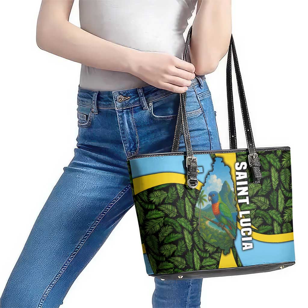 Saint Lucia Parrot Leather Tote Bag with Tropical Palm Leaf and Flag Color Wave Design - Wonder Print Shop