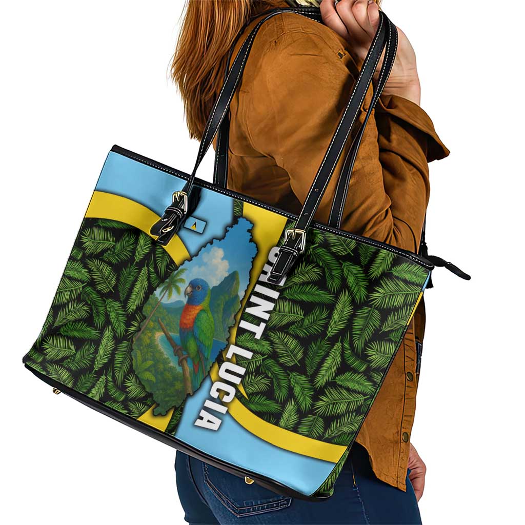 Saint Lucia Parrot Leather Tote Bag with Tropical Palm Leaf and Flag Color Wave Design - Wonder Print Shop