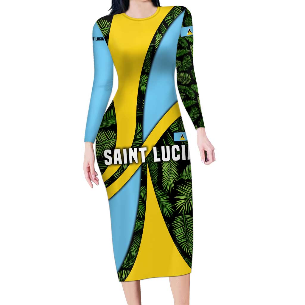 Saint Lucia Parrot Long Sleeve Bodycon Dress with Tropical Palm Leaf and Flag Color Wave Design - Wonder Print Shop
