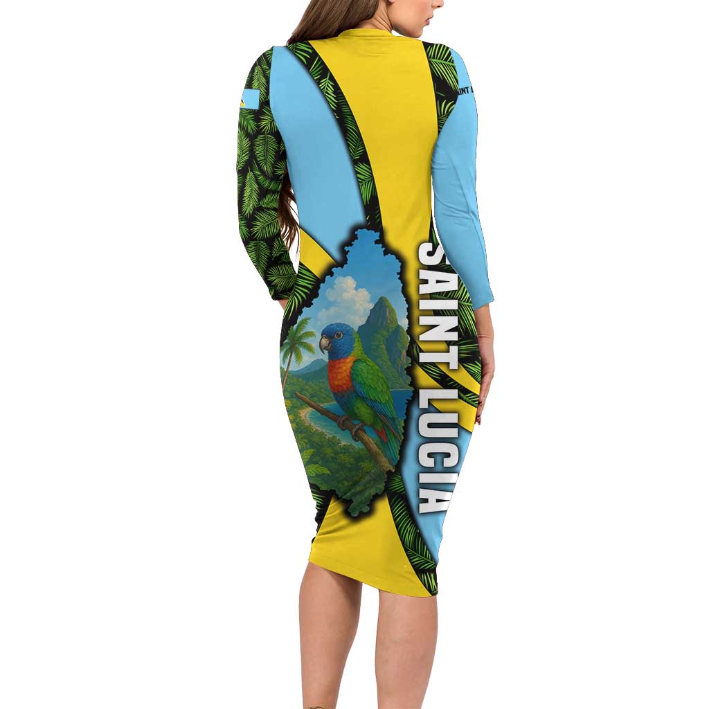 Saint Lucia Parrot Long Sleeve Bodycon Dress with Tropical Palm Leaf and Flag Color Wave Design - Wonder Print Shop