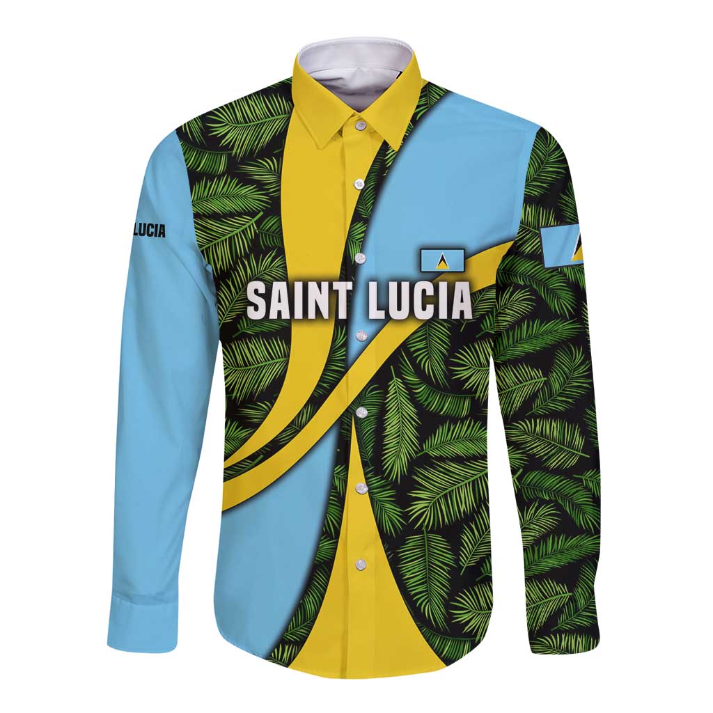 Saint Lucia Parrot Long Sleeve Button Shirt with Tropical Palm Leaf and Flag Color Wave Design - Wonder Print Shop