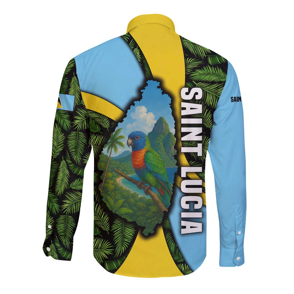 Saint Lucia Parrot Long Sleeve Button Shirt with Tropical Palm Leaf and Flag Color Wave Design - Wonder Print Shop