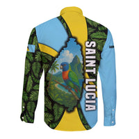 Saint Lucia Parrot Long Sleeve Button Shirt with Tropical Palm Leaf and Flag Color Wave Design - Wonder Print Shop