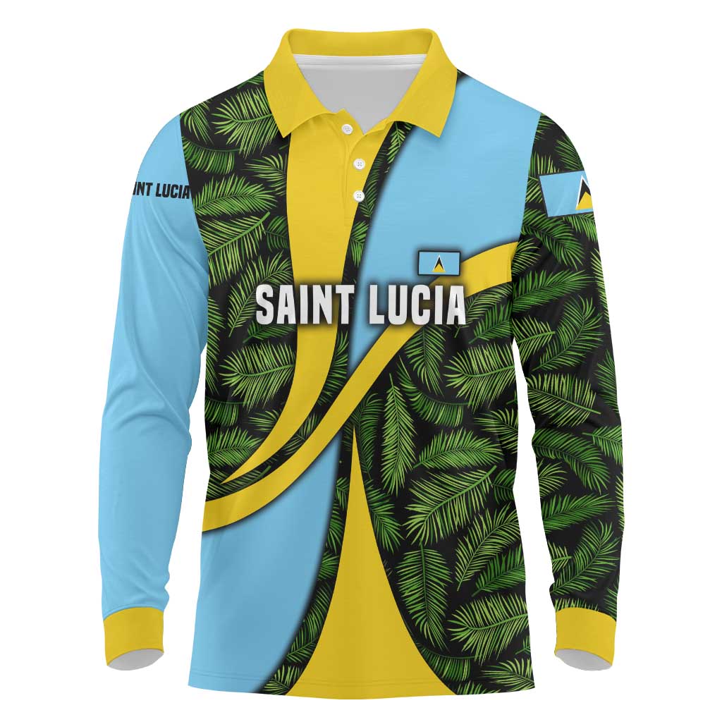 Saint Lucia Parrot Long Sleeve Polo Shirt with Tropical Palm Leaf and Flag Color Wave Design - Wonder Print Shop