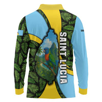 Saint Lucia Parrot Long Sleeve Polo Shirt with Tropical Palm Leaf and Flag Color Wave Design - Wonder Print Shop