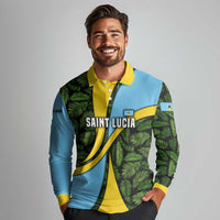 Saint Lucia Parrot Long Sleeve Polo Shirt with Tropical Palm Leaf and Flag Color Wave Design - Wonder Print Shop