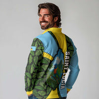 Saint Lucia Parrot Long Sleeve Polo Shirt with Tropical Palm Leaf and Flag Color Wave Design - Wonder Print Shop