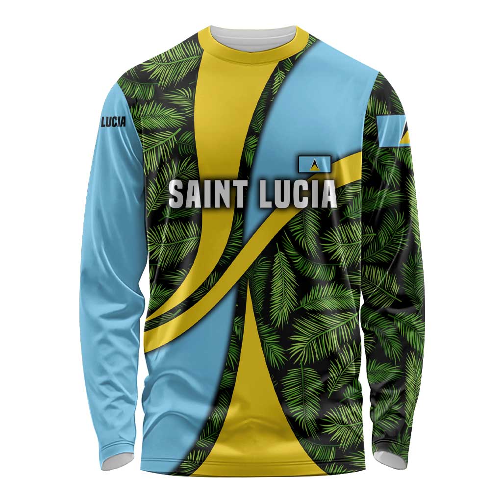 Saint Lucia Parrot Long Sleeve Shirt with Tropical Palm Leaf and Flag Color Wave Design - Wonder Print Shop