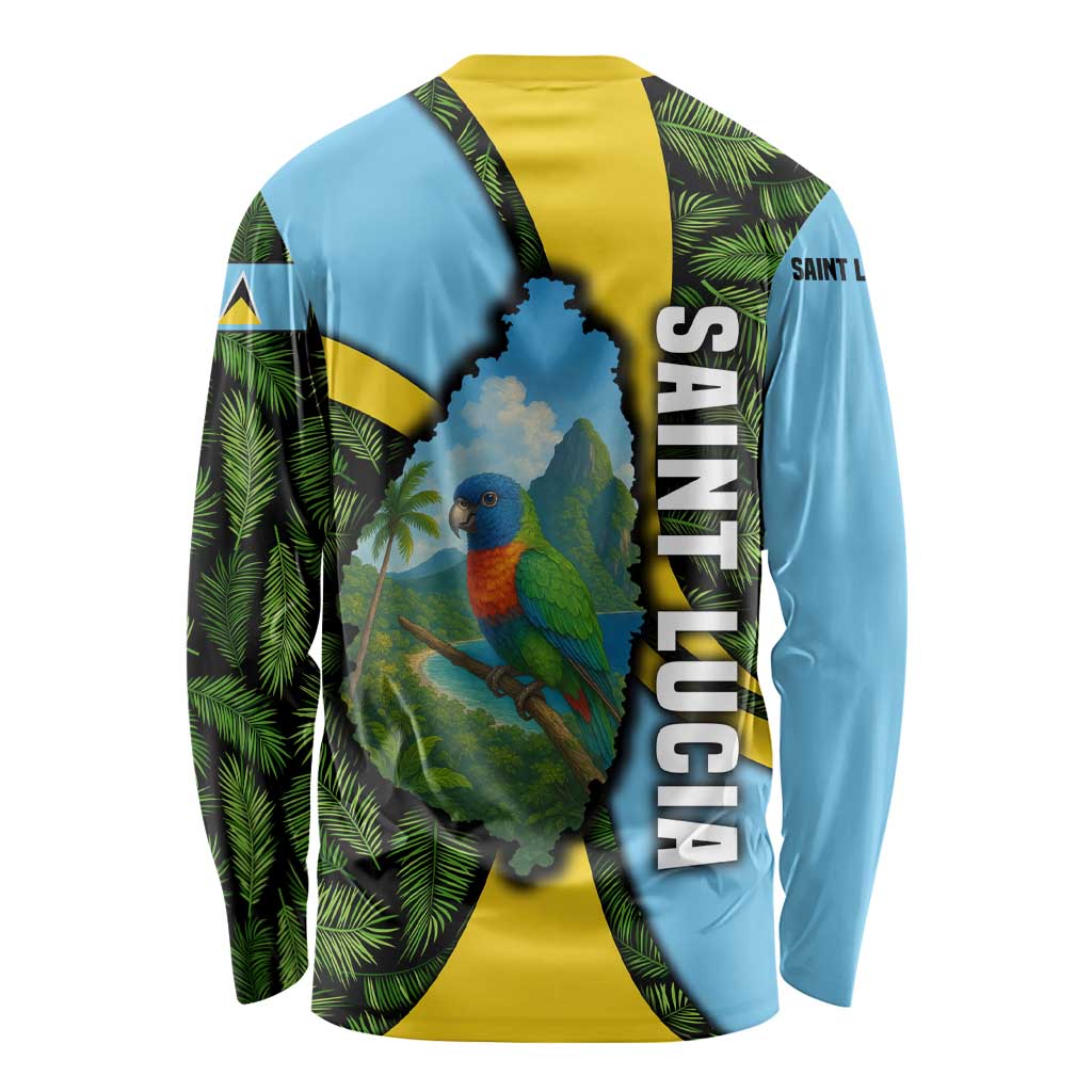 Saint Lucia Parrot Long Sleeve Shirt with Tropical Palm Leaf and Flag Color Wave Design - Wonder Print Shop