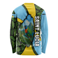 Saint Lucia Parrot Long Sleeve Shirt with Tropical Palm Leaf and Flag Color Wave Design - Wonder Print Shop