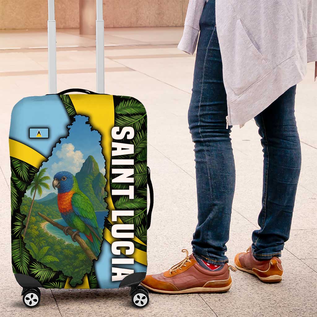 Saint Lucia Parrot Luggage Cover with Tropical Palm Leaf and Flag Color Wave Design - Wonder Print Shop