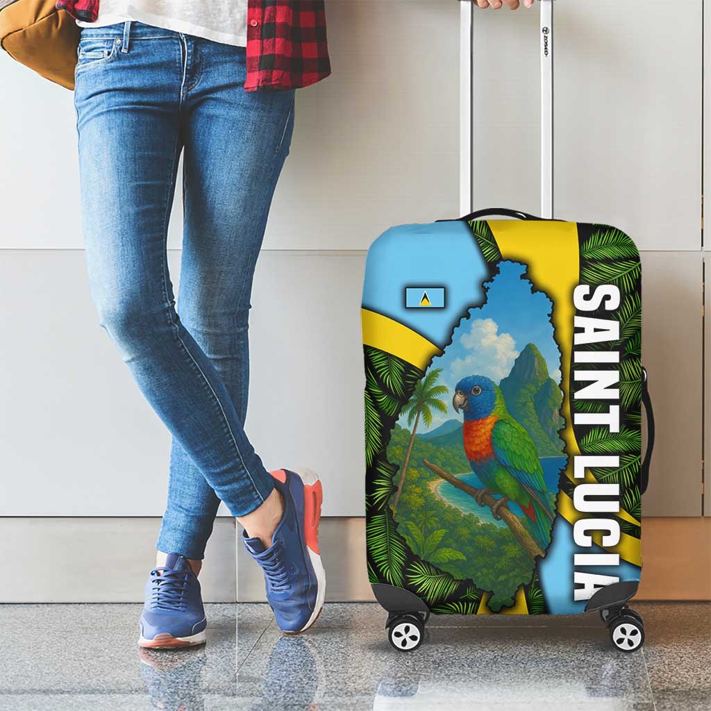 Saint Lucia Parrot Luggage Cover with Tropical Palm Leaf and Flag Color Wave Design - Wonder Print Shop