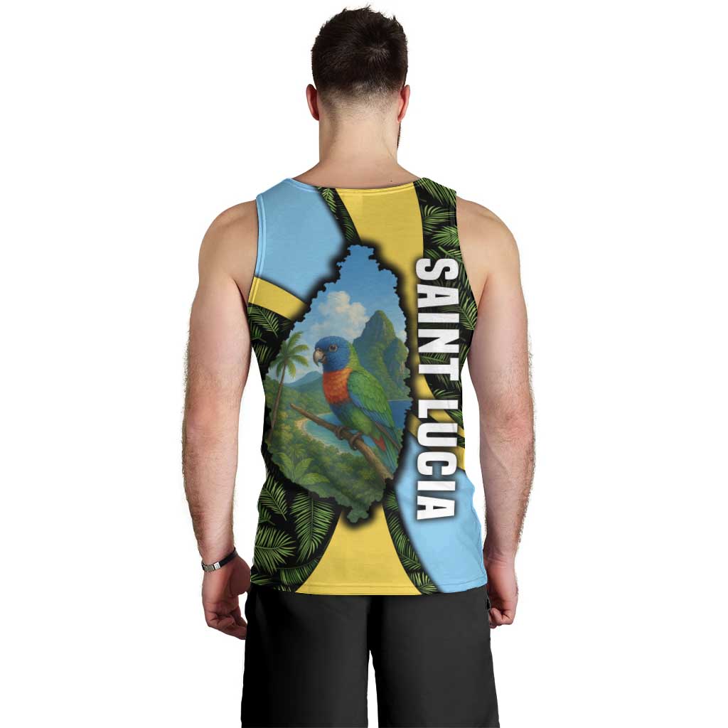 Saint Lucia Parrot Men Tank Top with Tropical Palm Leaf and Flag Color Wave Design - Wonder Print Shop