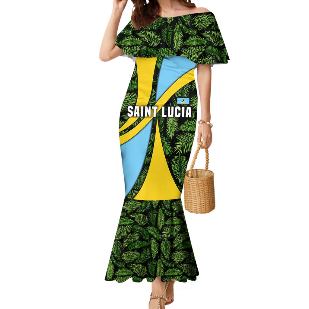 Saint Lucia Parrot Mermaid Dress with Tropical Palm Leaf and Flag Color Wave Design - Wonder Print Shop