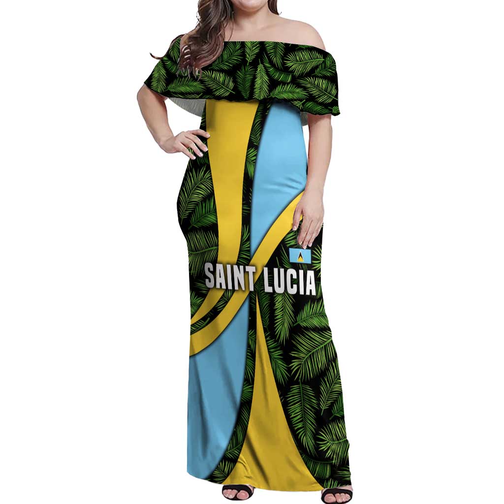 Saint Lucia Parrot Off Shoulder Maxi Dress with Tropical Palm Leaf and Flag Color Wave Design - Wonder Print Shop
