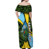 Saint Lucia Parrot Off Shoulder Maxi Dress with Tropical Palm Leaf and Flag Color Wave Design - Wonder Print Shop