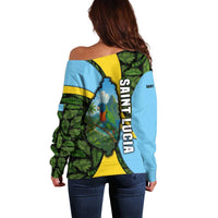 Saint Lucia Parrot Off Shoulder Sweater with Tropical Palm Leaf and Flag Color Wave Design - Wonder Print Shop