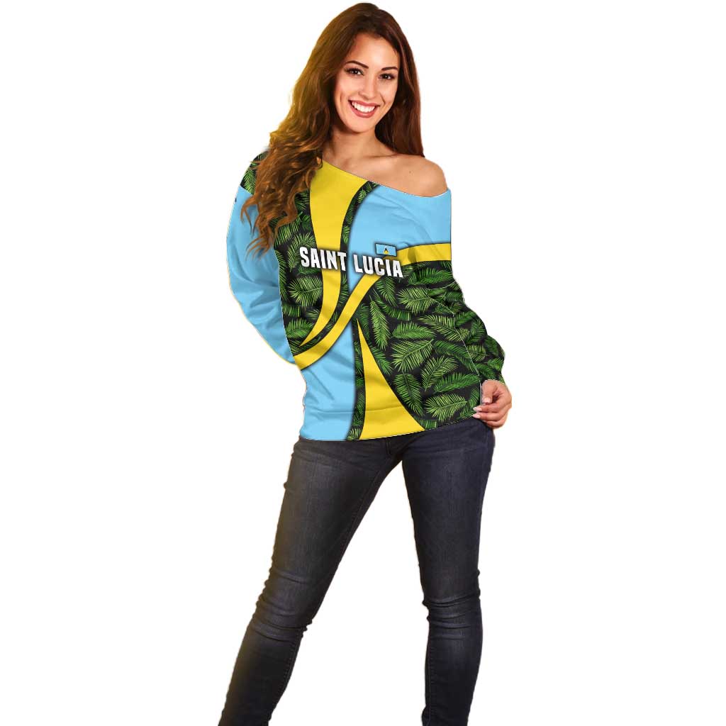 Saint Lucia Parrot Off Shoulder Sweater with Tropical Palm Leaf and Flag Color Wave Design - Wonder Print Shop