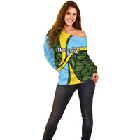 Saint Lucia Parrot Off Shoulder Sweater with Tropical Palm Leaf and Flag Color Wave Design - Wonder Print Shop