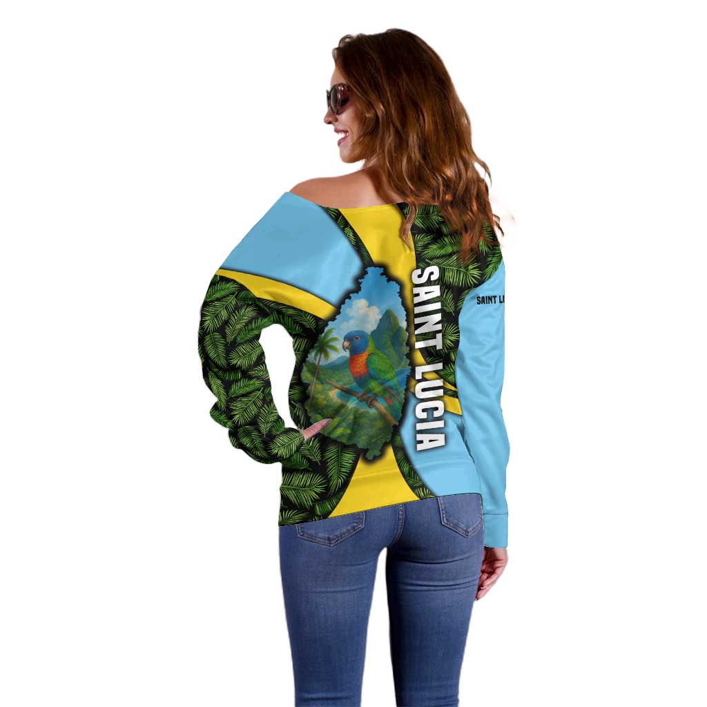 Saint Lucia Parrot Off Shoulder Sweater with Tropical Palm Leaf and Flag Color Wave Design - Wonder Print Shop