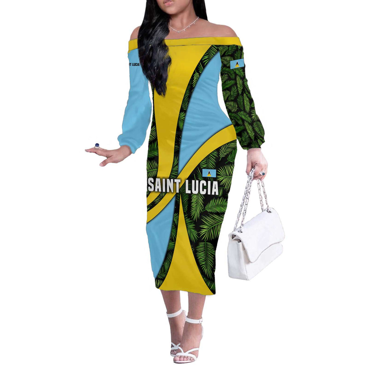 Saint Lucia Parrot Off The Shoulder Long Sleeve Dress with Tropical Palm Leaf and Flag Color Wave Design - Wonder Print Shop