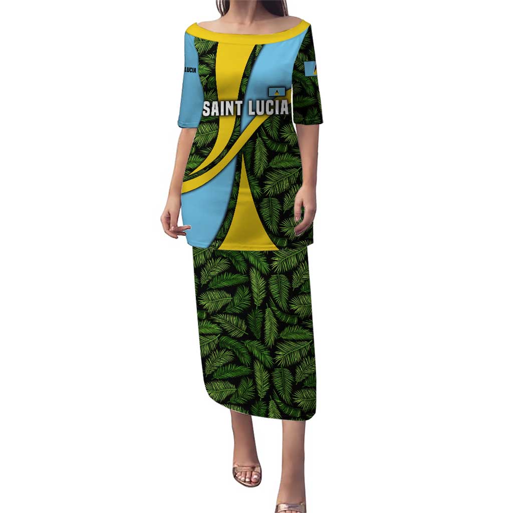 Saint Lucia Parrot Puletasi with Tropical Palm Leaf and Flag Color Wave Design - Wonder Print Shop