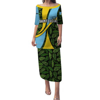 Saint Lucia Parrot Puletasi with Tropical Palm Leaf and Flag Color Wave Design - Wonder Print Shop