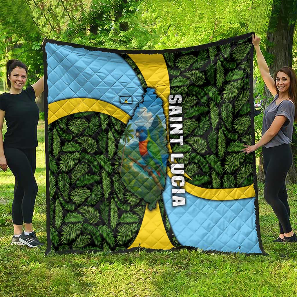 Saint Lucia Parrot Quilt with Tropical Palm Leaf and Flag Color Wave Design - Wonder Print Shop